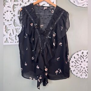 ASOS Black Sheer Floral Tank Corset Tie Front Size 18